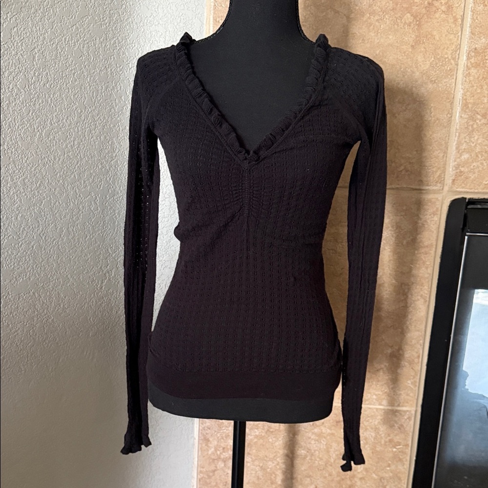 Moda International Black Ruffle V-Neck Long Sleeve Top